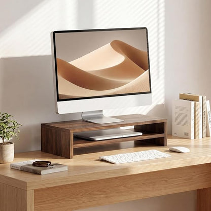 FITUEYES Monitor Stand - 2 Tier Computer Monitor Riser with 21.3 Inch Shelf, Wood Desktop Stand for Laptop Computer Screen, Desk Organization, Office Supplies