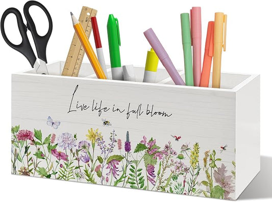 Rustic Spring Floral Pen Holder Organizer, Spring Desk Decor, Live Life in Full Bloom Wildflower Motivational Wooden Pen Pencil Holders for Home Office Desk Accessories