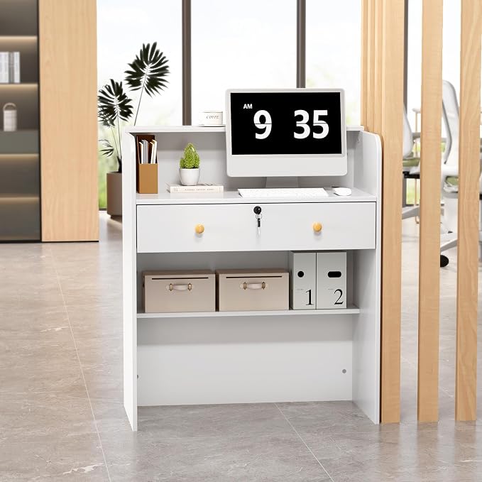 OmySalon Reception Desk with Counter, Small Front Desk w/Lockable Drawer, Wooden Modern Reception Table for Salon Lobby Office Home (White, 32)