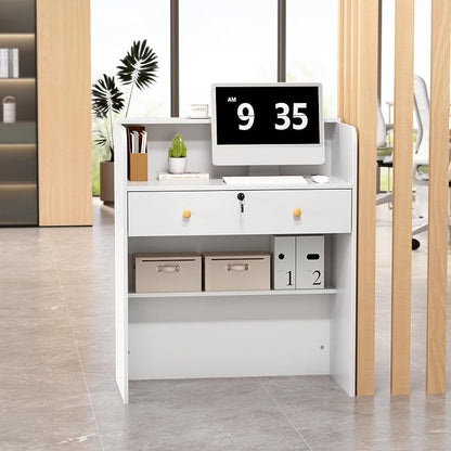 OmySalon Reception Desk with Counter, Small Front Desk w/Lockable Drawer, Wooden Modern Reception Table for Salon Lobby Office Home (White, 32)