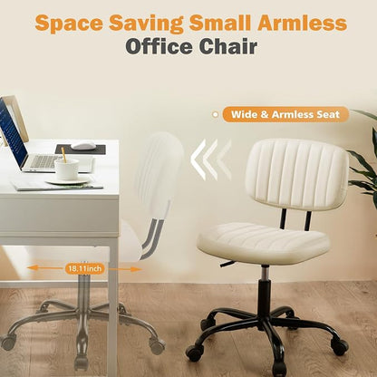 Sweetcrispy Small Office Desk Chair, Armless PU Leather with Comfy Lumbar Support, Height Adjustable Rolling Swivel Task for No Arms, for Adult, Student, Bedroom, Home, Vanity, Beige White
