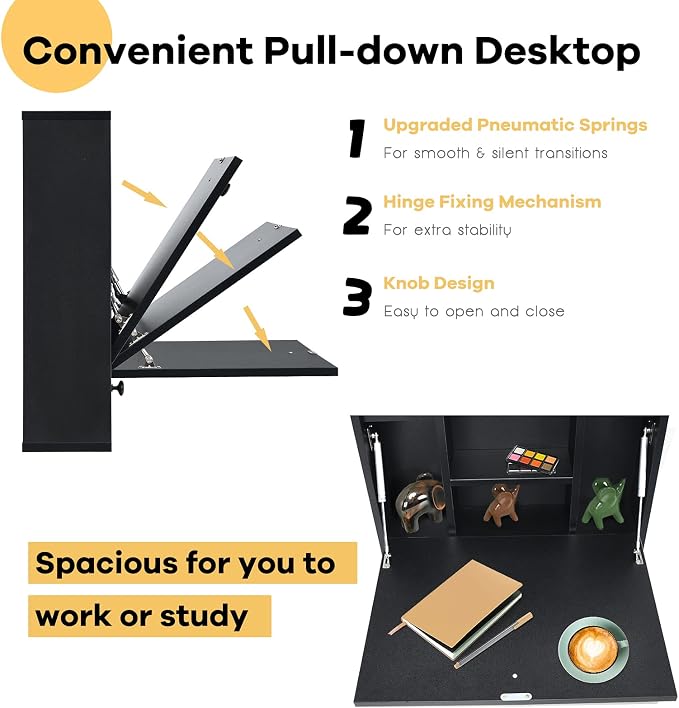 Tangkula Pneumatic Floating Desk - Wall Mounted Laptop Desk with Magnetic Foldable Tabletop, Space Saving Table with Storage Drawer and Shelves (Black)