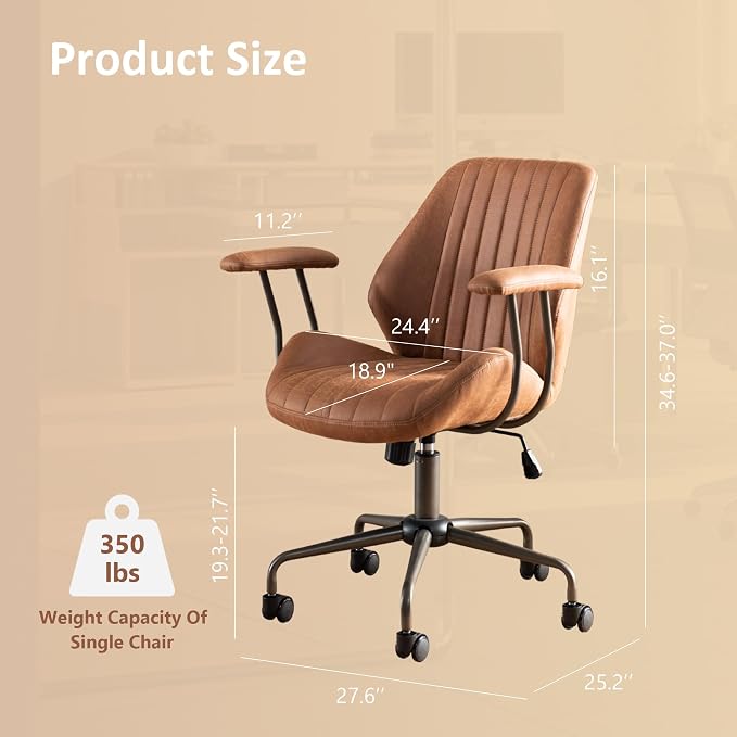 Mid Back Home Office Chair, Mid Century Modern Executive Chair, Comfy Ergonomic Rolling Office Desk Chair with Lumbar Support, Brown Faux Leather Office Chair, Brown