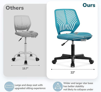 Topeakmart Armless Office Chair, Ergonomic Task Chair with Lumbar Support Adjustable Height, Modern Study Chair for Small Space, Turquoise
