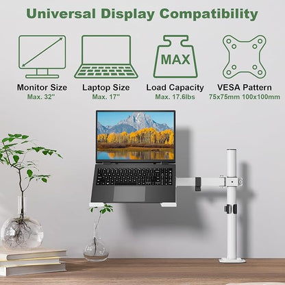UPGRAVITY White Laptop Desk Mount with Vented Tray for Notebook up to 17 inch, Fully Adjustable Single Laptop Arm Stand Holds up to 17.6 lbs, Clamp on/Grommet Mounting