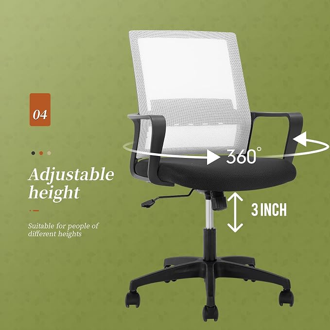Office Chair Ergonomic Chair Mid Back Mesh Desk Chair Adjustable Height Swivel Mesh Chair Computer Chair with Armrest Lumbar Support,White