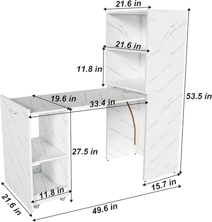 Fold Out Desk with Storage Shelves, Convertible Murphy Table, Mid Century Pull Out Home Office Desk with Mobile Wheels, Hidden Writing Desks for Small Spaces (White Marble)