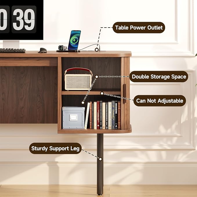 ONBRILL 55 Inch Fluted Computer Desk with Charging Station, Mid Century Executive Desk with 2 Storage Cabinets, Modern Home Office Large Desk with Metal Legs for Working, Studying, Writing, Walnut