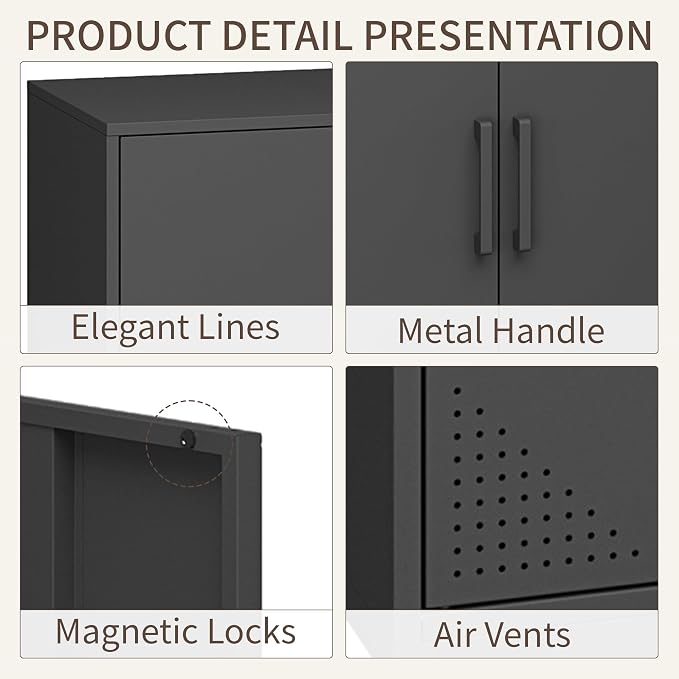 Metal Storage Cabinet,Storage Locker Cabinet with Shelves 2 Door Lockable Cabinet Black Locking Tool File Cabinet Sideboard for Office, Garage, Bathroom