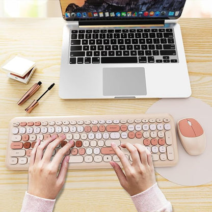 Wireless Keyboard and Mouse Combo, Cute Brown Retro Typewriter Keyboard with Number Pad, 2.4GHz USB Receiver + Type-C Adapter, Plug and Play for Laptop, Desktop, PC, Chromebook
