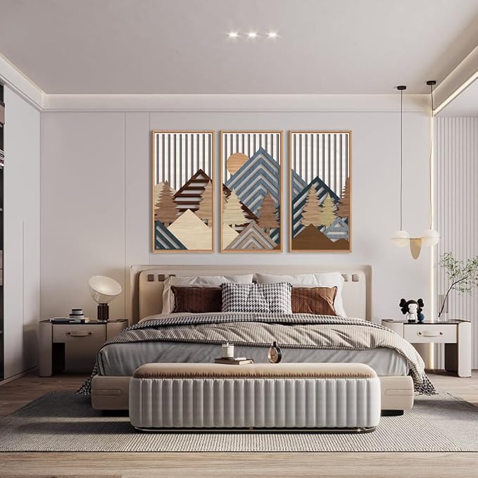 IARTTOP Large Mountain Wood Wall Art 16"x32"x3 Abstract Forest Wall Sculpture Geometric Boho Sunset Wilderness Artwork for Bedroom Living Room Office