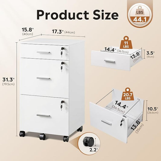 DEVAISE 3 Drawer File Cabinet with Lock & Wheels, Wood Printer Stand, Mobile Filing cabinets for Home Office, Fits Letter/A4 Size, White