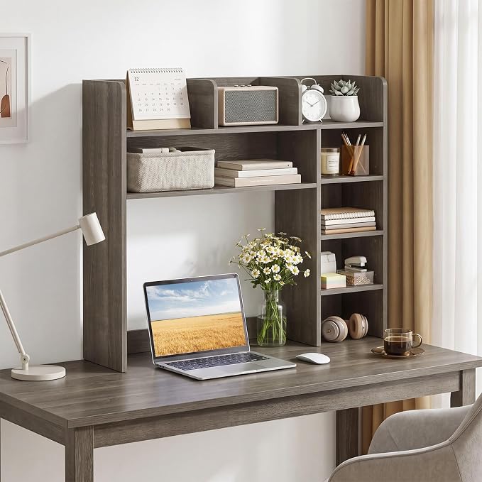 LDAILY Desktop Bookshelf with LED Lights, 35.5’’ Wooden Desk Shelf with 8 Cubes & 3 Adjustable Storage Shelves, 5-Tier Desk Hutch for Dorm College Office Computer Monitor Up to 25’’(Grey Oak)