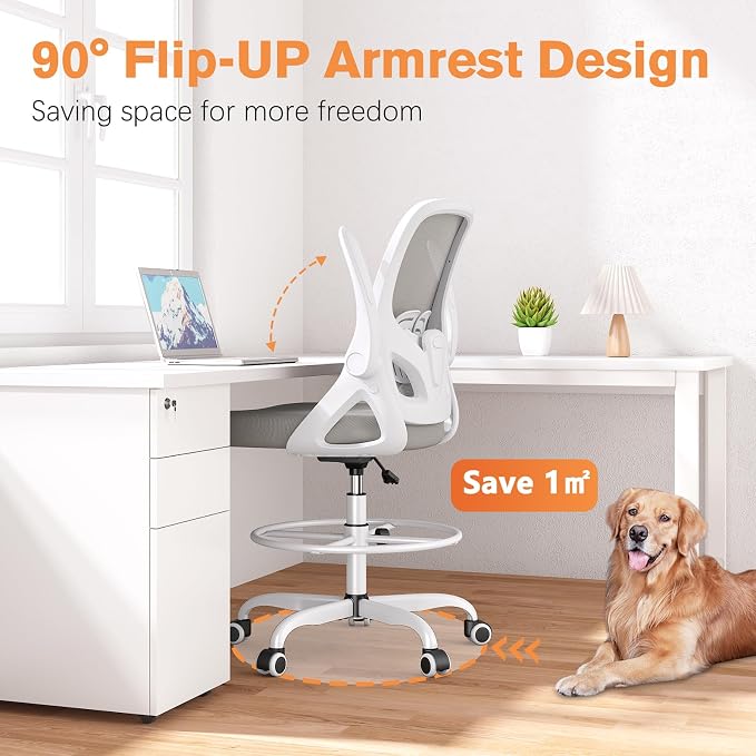 ORRSAKER Drafting Chair, Tall Office Chair with Flip-up Arms, Mesh Ergonomic Computer Standing Desk Chair with Adjustable Height Foot Ring and Lumbar Support, 300 LBS Capacity, Gray