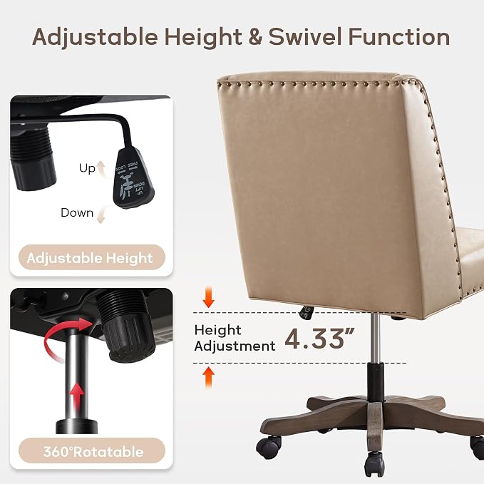Zihanhome Armless Home Office Chair with Wooden Legs, Modern Leather Upholstered Office Desk Chair No Arms Sewing Chair Adjustable Swivel Desk Chair for Farmhouse Office Study Studio (PU Khaki)