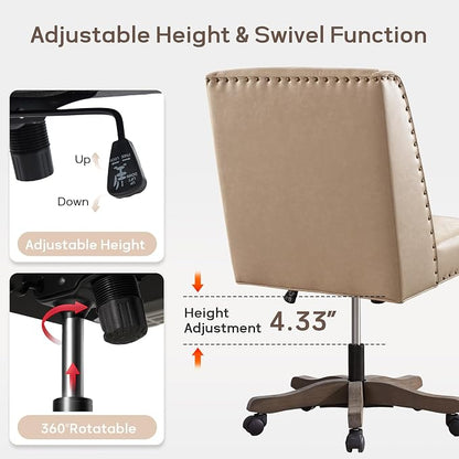 Zihanhome Armless Home Office Chair with Wooden Legs, Modern Leather Upholstered Office Desk Chair No Arms Sewing Chair Adjustable Swivel Desk Chair for Farmhouse Office Study Studio (PU Khaki)