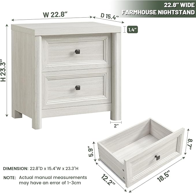 Standifurno White Night Stand with Drawers, Rustic Washed White Nightstand, Farmhouse Bed Side Table for Bedroom, Bedside End Table for Living Room, Bedroom Furniture, Large Storage Wood Nightstand