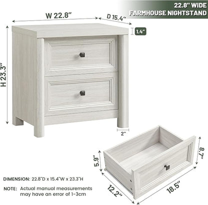 Farmhouse White Night Stands Set of 2, Bedside Tables Nightstands with 2 Drawers Storage, 22.8" Large Rustic Wood Night Stand, Bed Side Table for Bedroom Living Room Sofa Couch Office