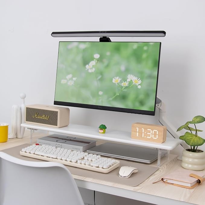 Bamboo Monitor Stand Riser with Acrylic Legs for Desk, 31.5 Inches Desktop Shelf Supports for PC Computer Monitor, Laptops, Printer, Speakers (White)