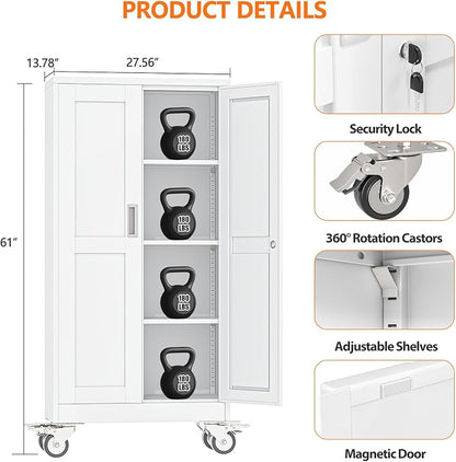 pozdeg 61" Metal Garage Storage Cabinets with Wheels, Lockable Rolling File Cabinets with 2 Doors and 3 Adjustable Shelves, Steel Tool Organizer Locker for Office Home Garage Gym School, White