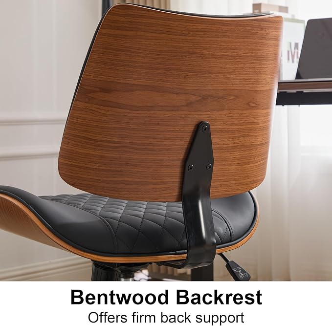 Armless Office Chair with Wheels, Ergonomic Leather Chair, Mid Back 360 Swivel Computer Chair, Modern Walnut Desk Chair for Small Space, Reading, Meeting Room, Black