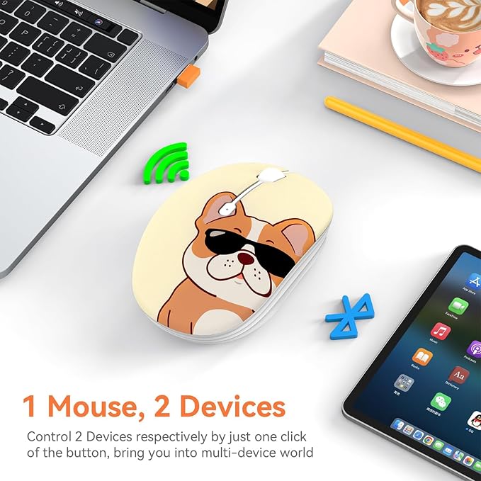 FMOUSE Cute Wireless Mouse, Bluetooth & 2.4GHz Dual Mode with USB Receiver, Silent Click, AA Battery Powered, for Kids Students Teen Girls, Compatible with Laptop Mac iPad PC (Cool French Bulldog)