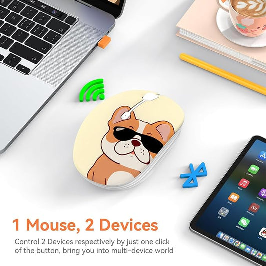FMOUSE Cute Wireless Mouse, Bluetooth & 2.4GHz Dual Mode with USB Receiver, Silent Click, AA Battery Powered, for Kids Students Teen Girls, Compatible with Laptop Mac iPad PC (Cool French Bulldog)