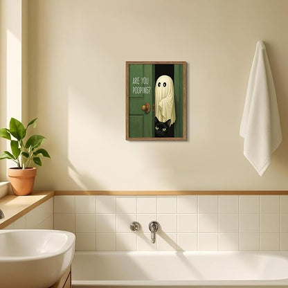 Funny Ghost Cat Halloween Bathroom Wall Art, Cute Ghost Bathroom Halloween Wall Decor Are You Pooping Picture, Vintage Framed Canvas Prints Funny Artwork for Restroom 12x16in Wood Frame