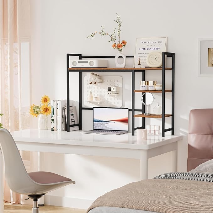 Snughome Desk Shelf, 38.6" Desktop Organizer Shelf, Desk Hutch for Computer Monitor, 4 Tier Desk Display Rack, Wood Desktop Bookshelf Storage Rack for Home Office Dorm, Rustic Brown | Desktop Organizer Shelf