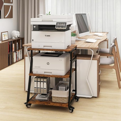 Natwind 23.6"x19.7" Large Printer Stand,3 Tier Printer Table with Charging Station, Rolling Cart with Adjustable Storage Shelf for Home Office Organization, Stand for Heat Press,3D Printer (Retro)