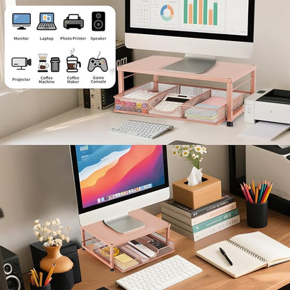 Small Laptop Stand for Desk, Monitor Stand Riser, Office Desk Accessories, Computer Desktop Stand with Drawer for Home, Office, School (Bronze)