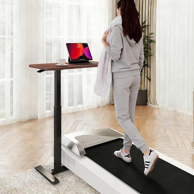 ROMOON Overbed Bedside Table with Wheels, Rolling Height Adjustable Standing Desk, Mobile Laptop Cart with Sturdy Frame for Hospital, Home and Small Space (27.6" W x 15.7" D, Walnut)