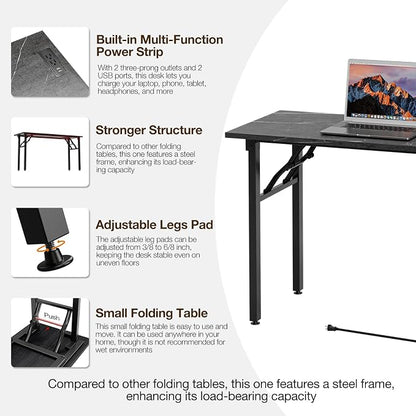 TEMI Small Computer Desk Folding Table - No Assembly, Compact 55.1" Foldable Desk with Power Outlets & USB Charging Port, Portable Small Office Desk, Ideal Mini Study Table, Marble Greige