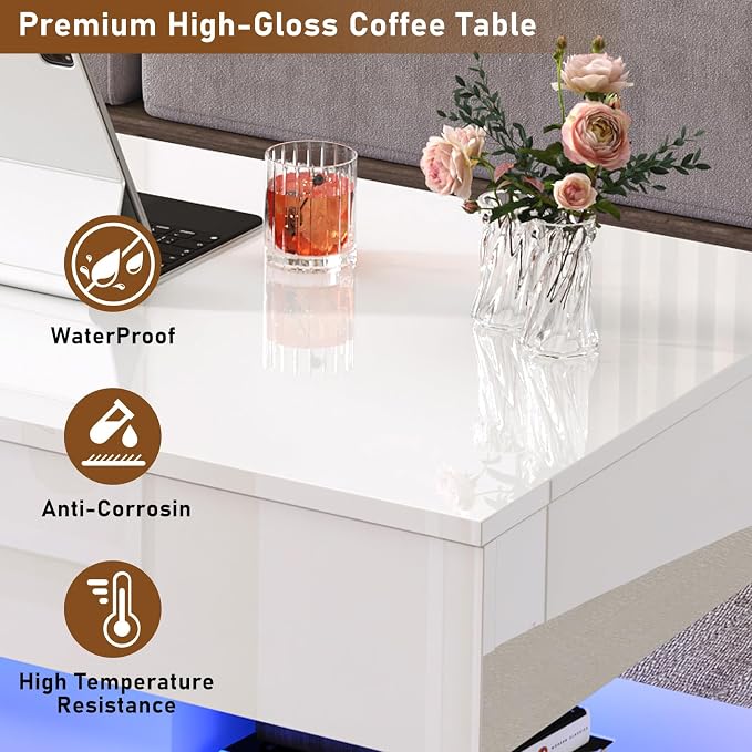 39.4" Large Lift Top Coffee Table,Modern High Glossy LED Coffee Tables for Living Room with Storage,Black Living Room Tables for Living Rooms,Dining Room,Bedroom Home Office,APP LED Lights（White）