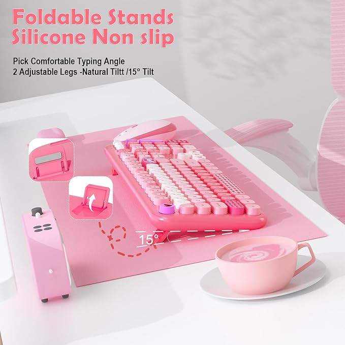 Wireless Keyboard Mouse,104 Full Size Cute Colorful Keyboard and Mouse with Retro Typewriter for PC/Mac/Laptop/Tablet/Computer/Windows/Microsoft, Pink