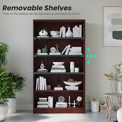 Farini 60 Inch Tall Bookcase,5 Shelf Bookshelves,Adjustable Bookshelf for Home Office,Mahogany