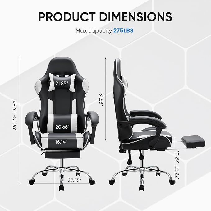 NEWBULIG Computer Gaming Desk Chair - High Back Ergonomic Lumbar Support with Footrest and Headrest, Comfy PU Leather Recliner with Linkage Armrest, Height Adjustable and 360° Swivel, White