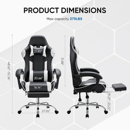 NEWBULIG Computer Gaming Desk Chair - High Back Ergonomic Lumbar Support with Footrest and Headrest, Comfy PU Leather Recliner with Linkage Armrest, Height Adjustable and 360° Swivel, White