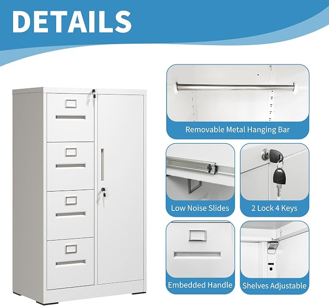 4 Drawer Filing Cabinet with Lock, Metal Storage Locker Cabinets for Home Office, File Cabinet for Hanging File Folders Letter/Legal/A4/F4 Size Documents, Assembly Required