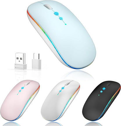 Halpilt LED Wireless Mouse A100S Rechargeable Portable Silent Mouse with Optional USB and Type-C Receiver 3-Speed Adjustable DPI for PC/Mac/Laptop (Frosted Blue)