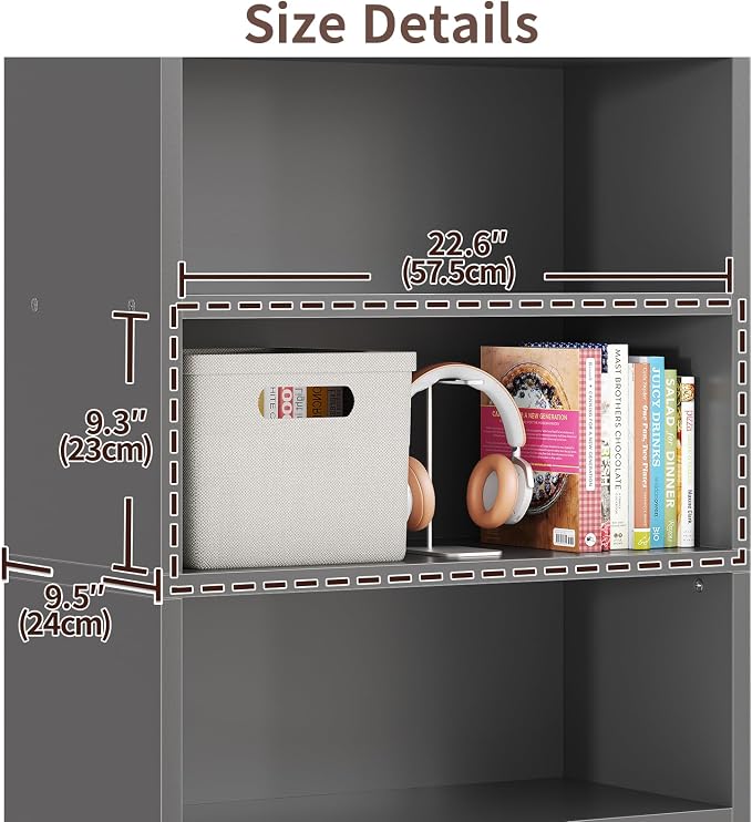 ALISENED 5-Tier Bookcase, Open Bookshelves and Bookcases with Storage Shelves, Floor Standing Unit, Display Storage Shelves for Bedroom Library Living Room Home Office, Dark Gray
