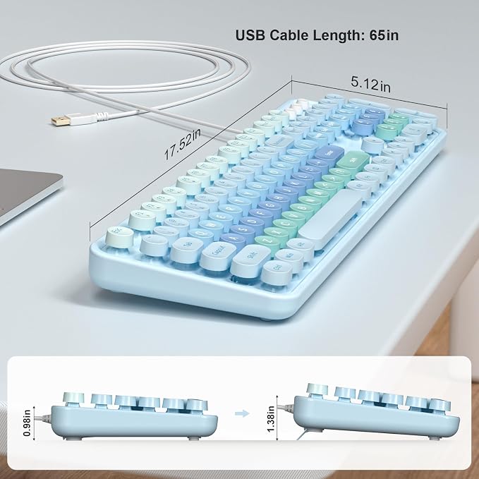MOWUX Computer Keyboard Wired, Plug and Play USB Retro Round Typewriter Keyboard, Full Size Wired Keyboard with Foldable Stands for Laptop and Office PC-Blue with Large Print