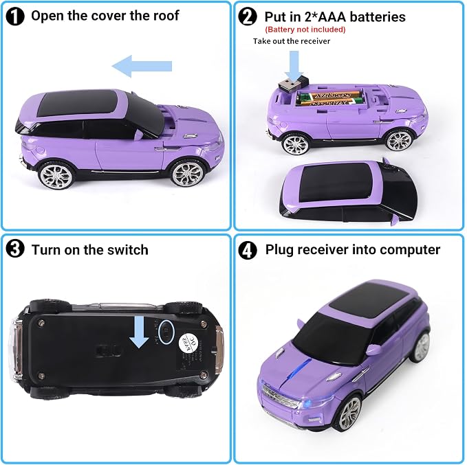 CHUYI Car Mouse Mini Small Cool SUV Car Shaped Wireless Mouse Portable 2.4GHz Optical Cordless Mice with USB Receiver 3 Buttons for Office School Travel for PC Computer Laptop Gift (Purple-1 Pack)
