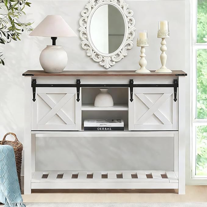 3 Piece Living Room Tables Set of 3, Farmhouse Entryway Table with Storage and End Tables with Charging Station, Sliding Door Console Table Set, Rustic Sofa Set for Hallway, White