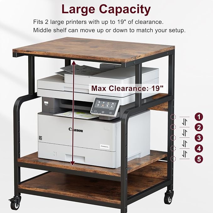 Large Printer Table for Home Office, Printer Stand, 3 Tier Rolling Printer Cart with Storage Shelf, Stand for Heat Press, Scanner, Fax, Organization, Brown
