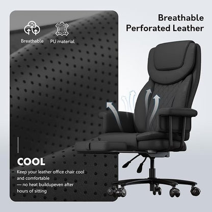 Executive Office Chair Big and Tall 500LBS, 165° Reclining Office Chair with Footrest, Leather Desk Chair with Quiet Rubber Wheels, Height Adjustable, Padded Arms, Black