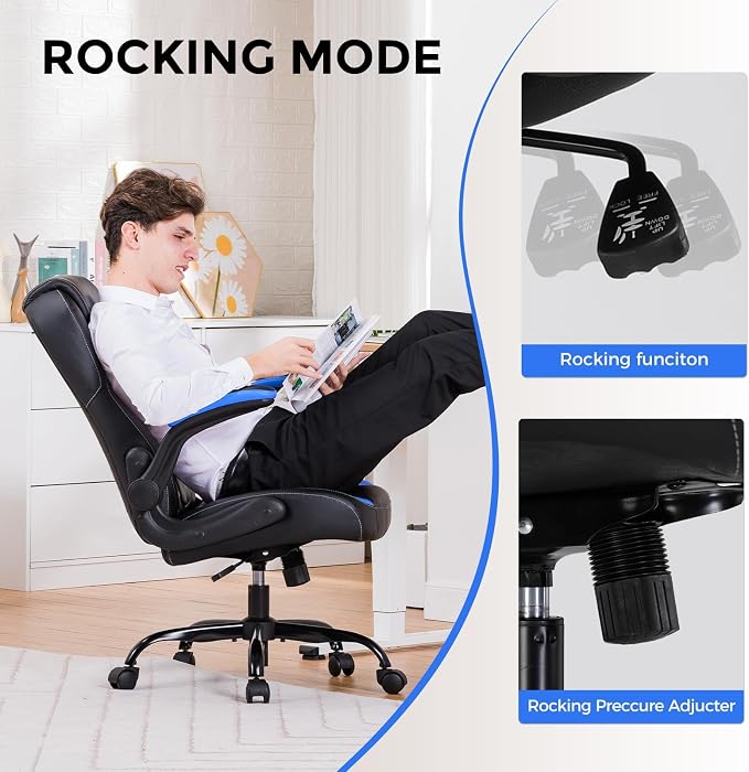 COMHOMA Office Computer Gaming Chair Ergonomic Desk Chair for Adults with Lumbar Support Flip-Up Arms Adjustable Height Swivel Wheels PU Leather Executive Design for Short People Use, Blue