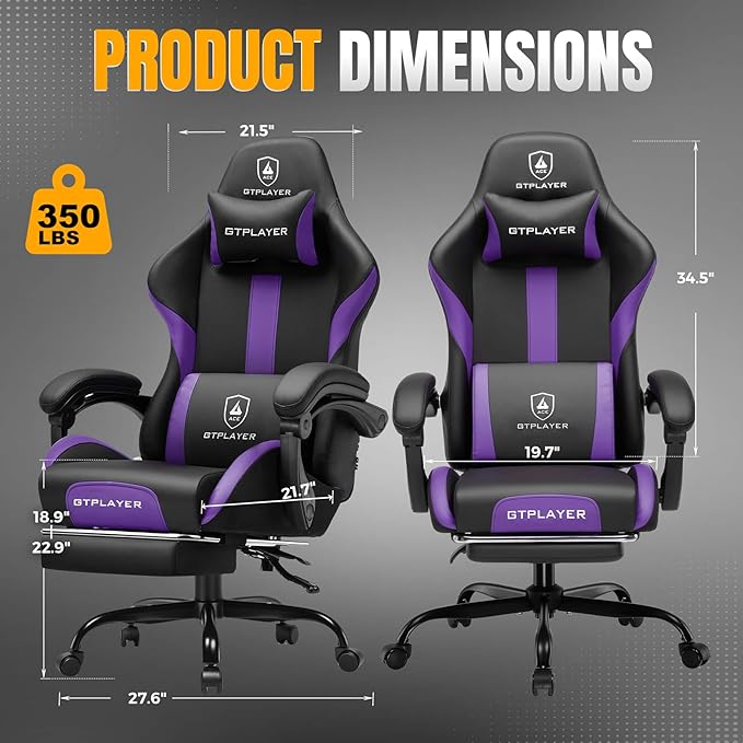 GTPLAYER Gaming Chair with Pocket Spring Cushion, Leather Office Chair with Ergonomic High Back & Lumbar Support for Back Pain Relief, Computer Game Chair for Adults, Purple/Black
