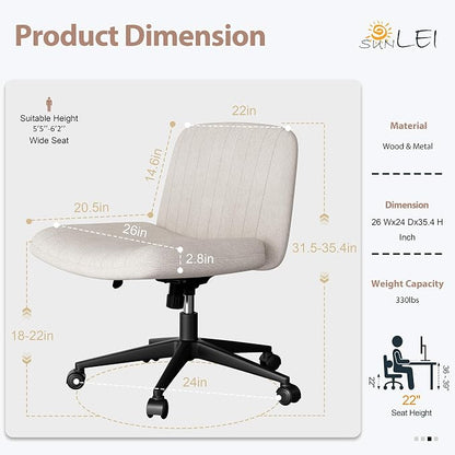 SUNLEI Cross Legged Office Chair with Wheels, Armless Wide Chair's for Vanity Desk, Criss Cross Comfy Chairs with Back, Desk Chair/s of Height Adjustable Swivel, White