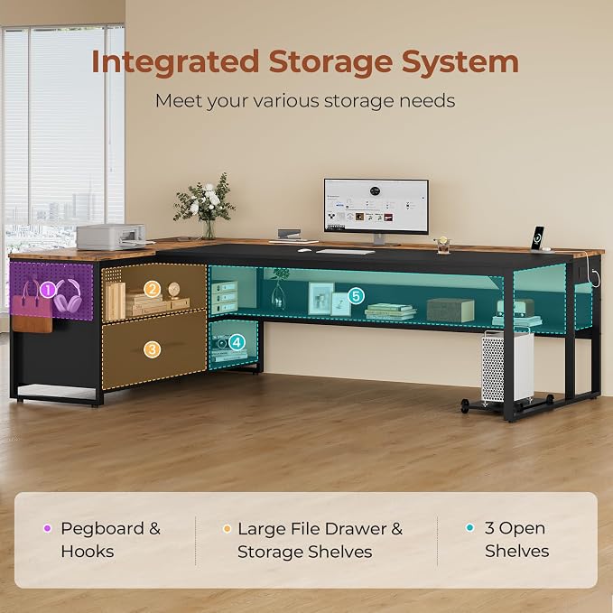 UPOSOJA 71" Executive Desk, Large Office Desk with Widen File Drawers & Power Outlets, Reversible L Shaped Computer Desk Corner Desk with Storage Shelves, CPU Stand, Hooks, Business Furniture